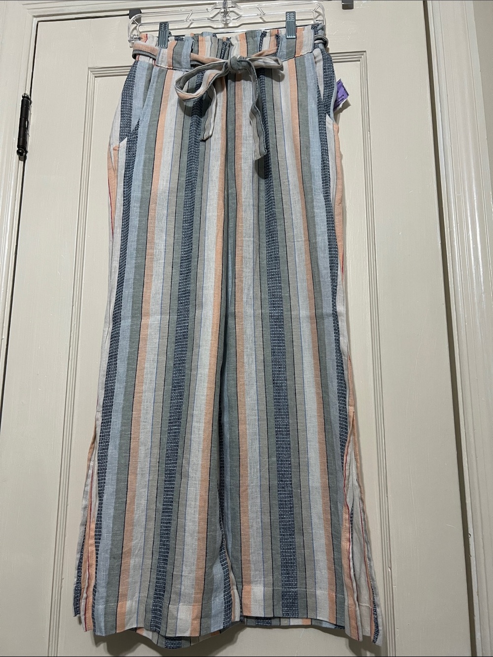 Ban Jara Striped Wide-Leg Tie-Waist Pants in Blue, Peach & White